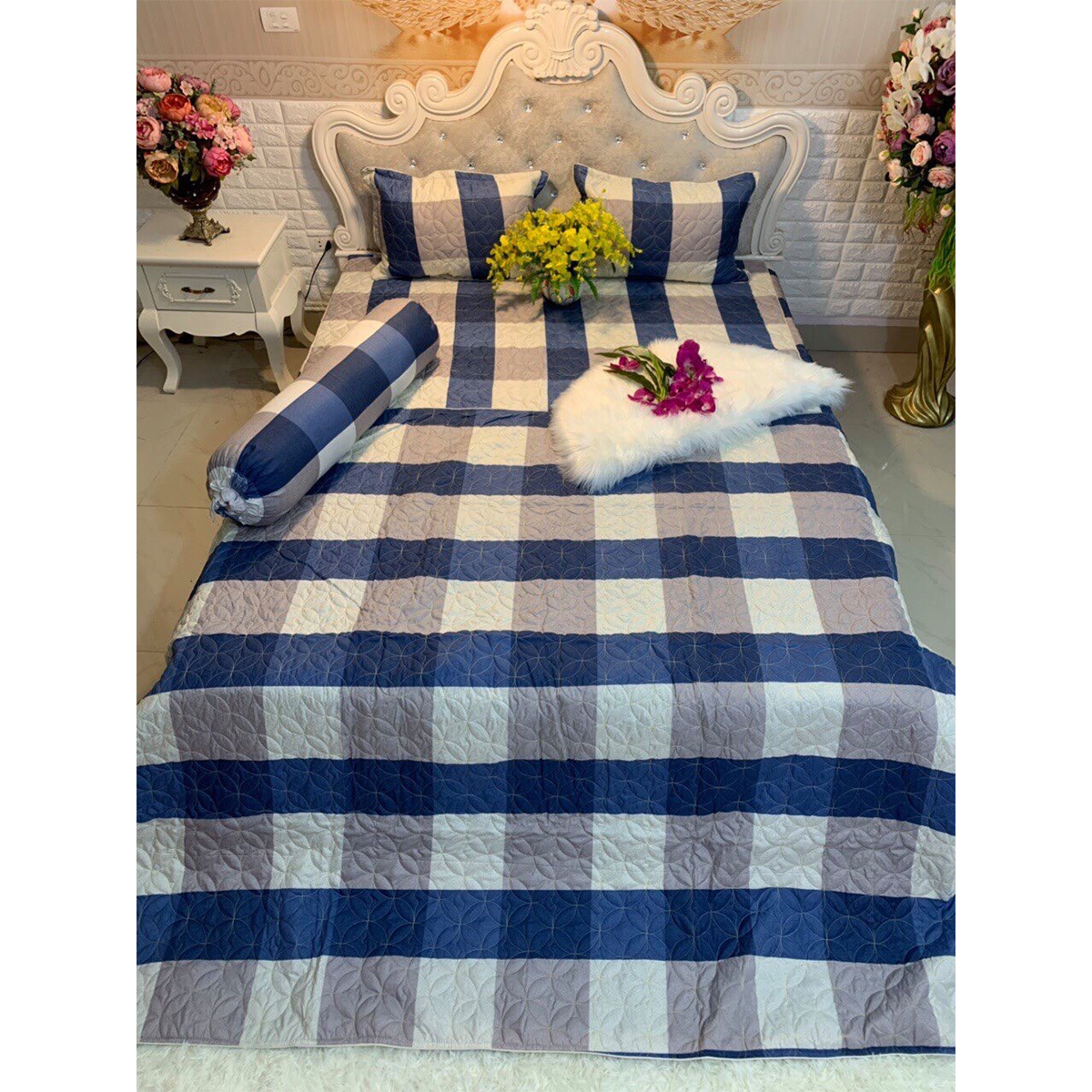 Chăn mền cotton poly kẻ caro diêm HQ - Tặng 1 bàn chải Bossi