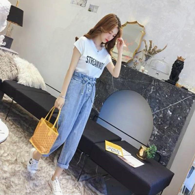 Quần jean dài ống rộng có dây rút thời trang cho nữ