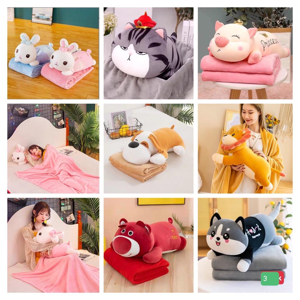 Bộ chăn gối 2 in 1 hình thú chất miniso cao cấp, sờ cực mịn tay