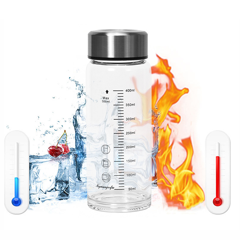 Bình Nước Sữa Thủy Tinh 350ml Nắp Inox Di Động Ăn Sáng Cà Phê Nước Ép Trà Sữa Chia Vạch Tặng Kèm Túi Giao Màu Ngẫu Nhiên