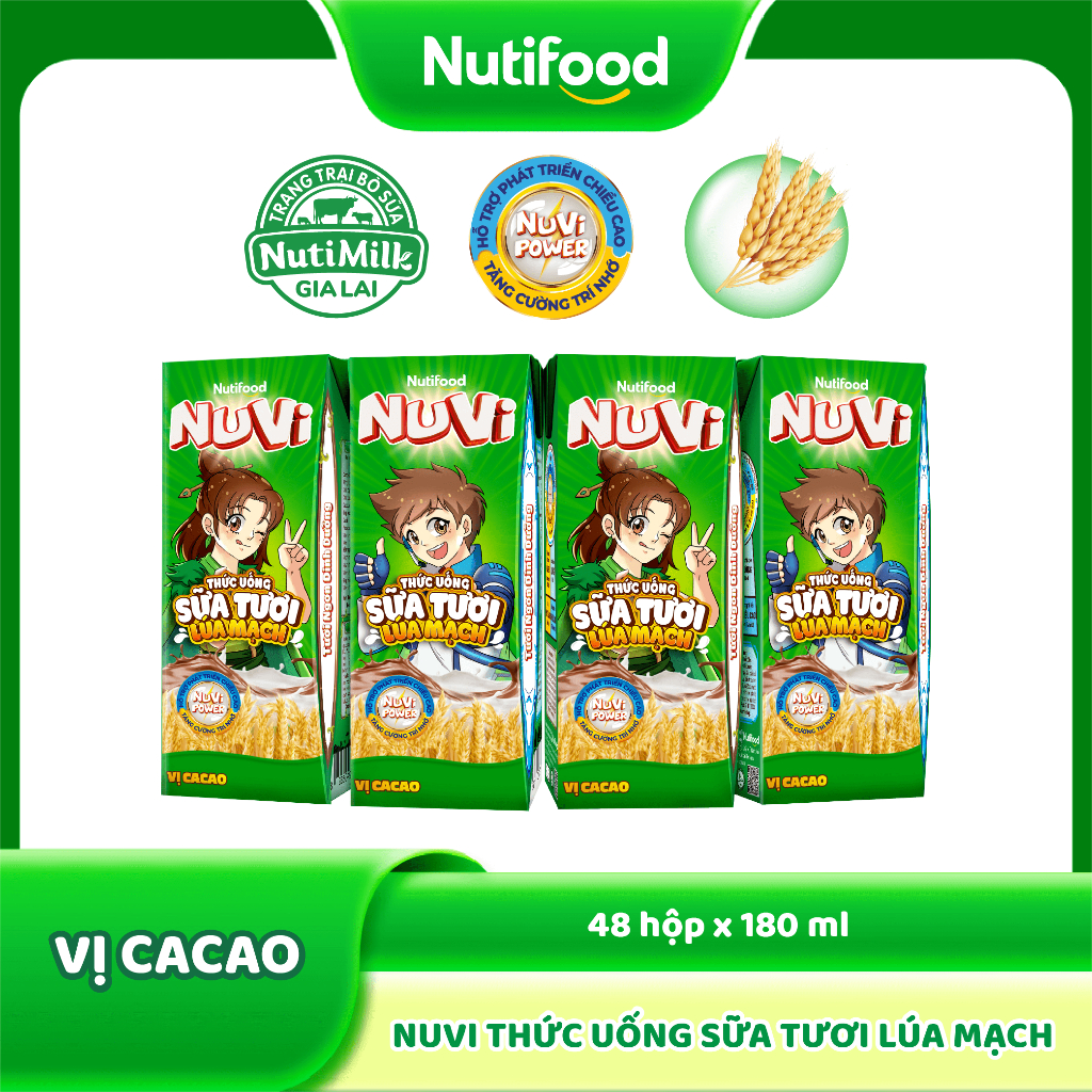 Thùng 48 hộp Sữa Tươi Lúa Mạch Nuvi Vị Ca Cao 180ml - Phát Triển Chiều Cao, Tăng Cường Trí Nhớ