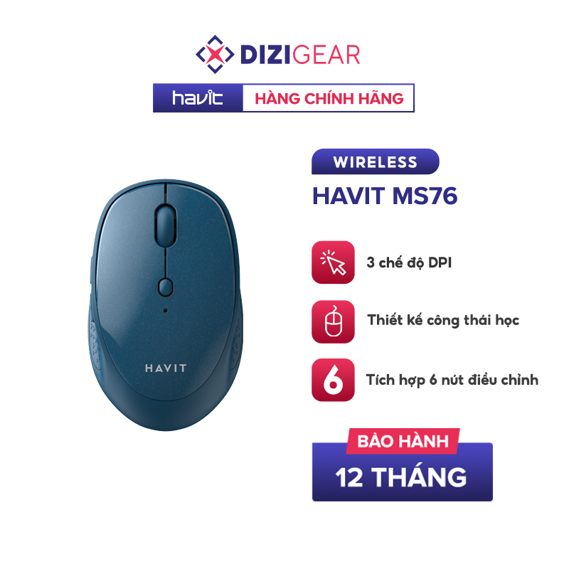 Chuột Không Dây HAVIT MS76, Thiết Kế Công Thái Học, 3 DPI + 6 Nút Chỉnh, Tuổi Thọ 3Tr Lần Nhấn - Hàng Chính Hãng (Xanh)