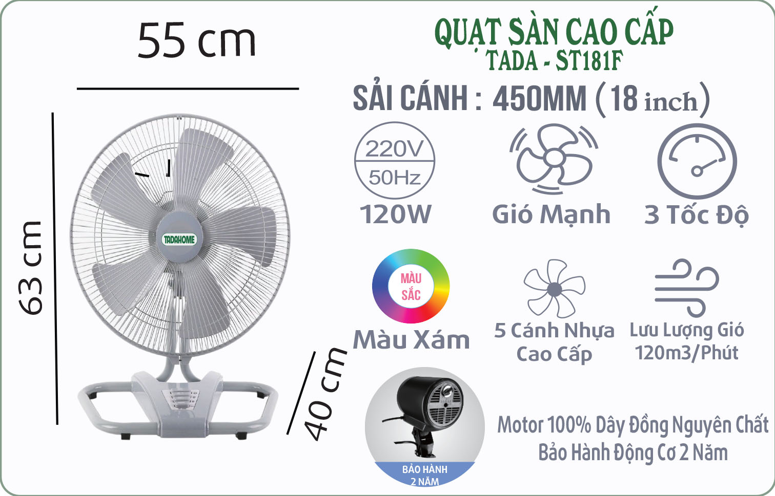 QUẠT THỔI SÀN BÁN CÔNG NGHIỆP,QUẠT SÀN CÔNG NGHIỆP CAO CẤP TADA-ST181F, KIỂU DÁNG THÁI LAN,CÔNG SUẤT LỚN, HÀNG CHÍNH HÃNG CTY - TADAHOME