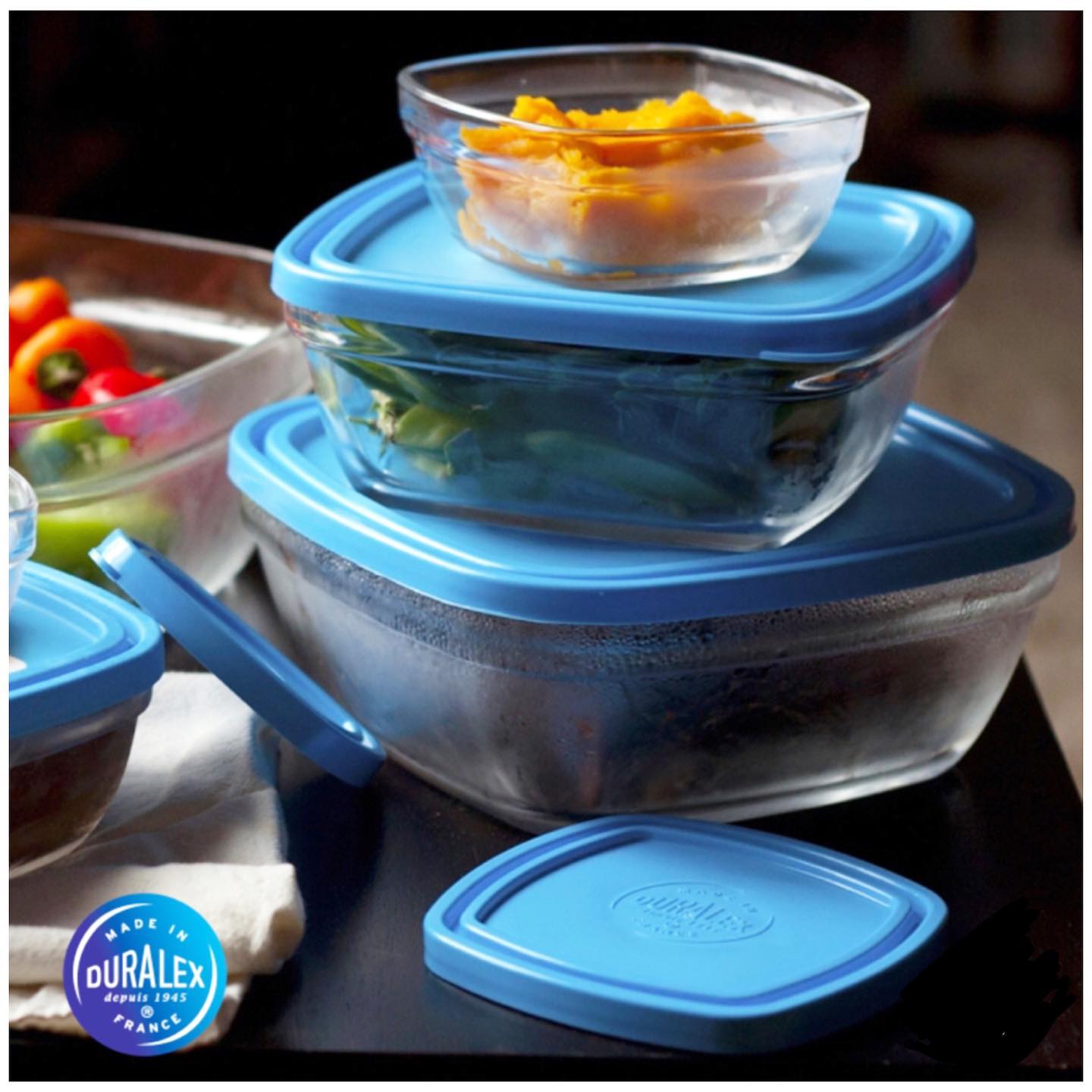 Bộ Hộp thực phẩm D9015A Duralex - Freshbox nắp xanh Blue 5 size Thủy tinh cường lực Pháp