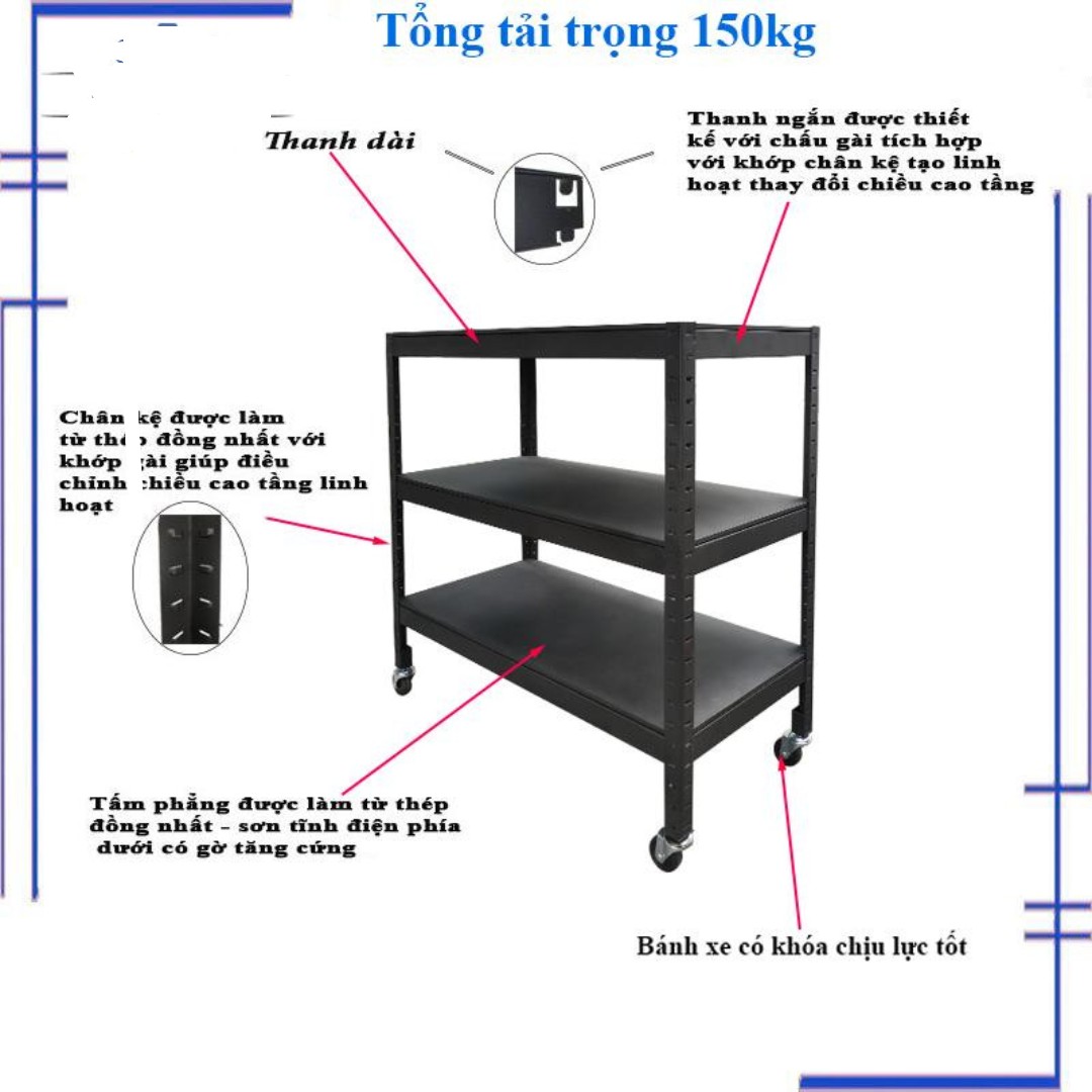 Kệ có bánh xe 3 tầng đa năng 81cm màu đen