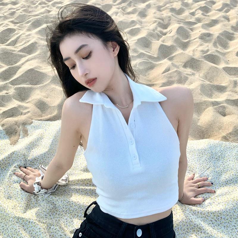 Áo Croptop 3 Lỗ Cổ Bẻ Cúc Cài Áo Croptop Sát Nách