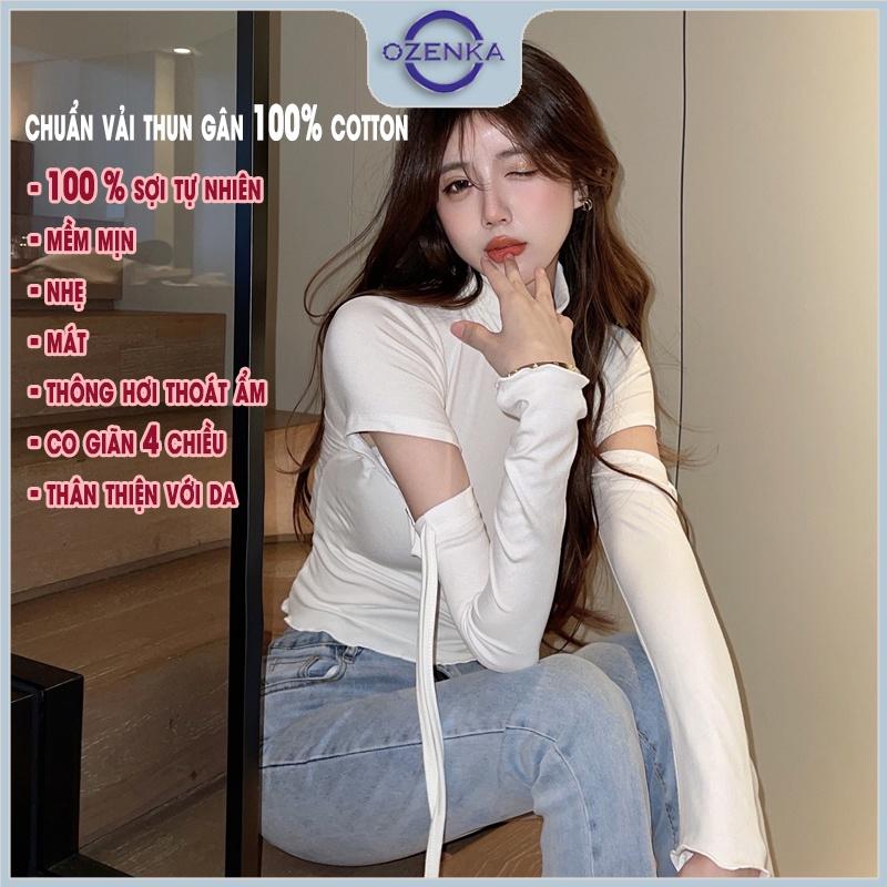 Áo croptop nữ tay dài cổ lọ ôm body Ozenka , áo crt kiểu hở tay thun gân 100% cotton màu đen trắng dưới 55 kg