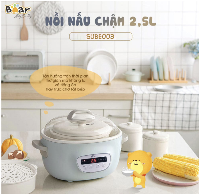 Nồi Nấu Chậm BEAR SUBE003 (DDZ-C25R6) Nấu Cháo Chưng Yến, Tiềm Hấp Tự Động Hoàn Toàn Chống Trào Nước Chống Cháy Dung Tích 2.5L Màu Ngẫu Nhiên - Hàng Chính Hãng