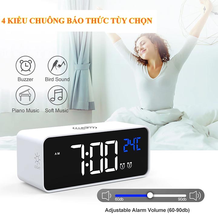 Đồng Hồ Báo Thức Điện Tử Kiêm Sạc Không Dây Cao Cấp