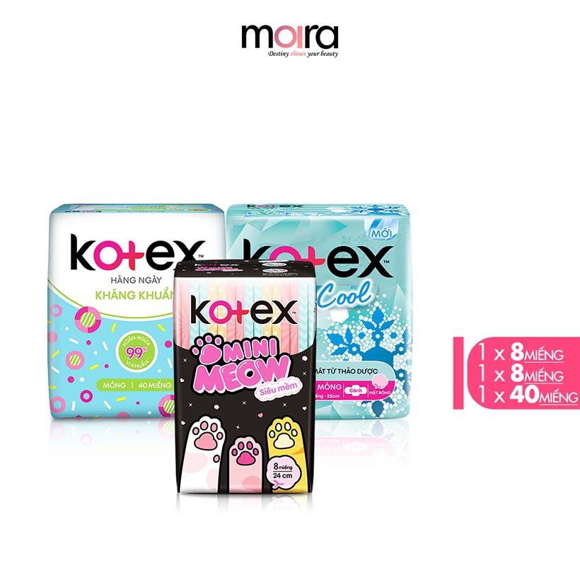 Combo BVS Kotex hằng ngày kháng khuẩn + Thảo dược Cool SMC + Mini Meow SMC 8 miếng