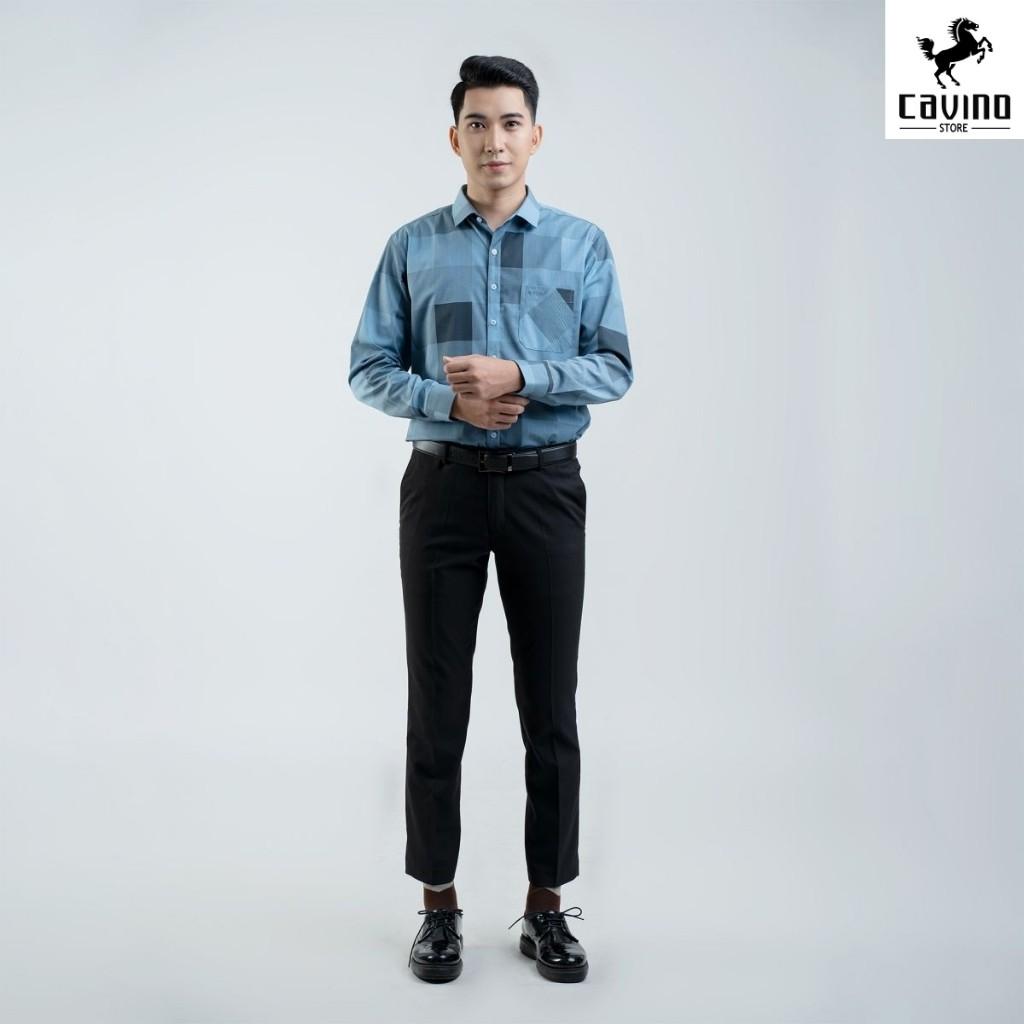 Áo sơ mi nam dài tay xanh kẻ ô vuông 932 CAVINO cao cấp