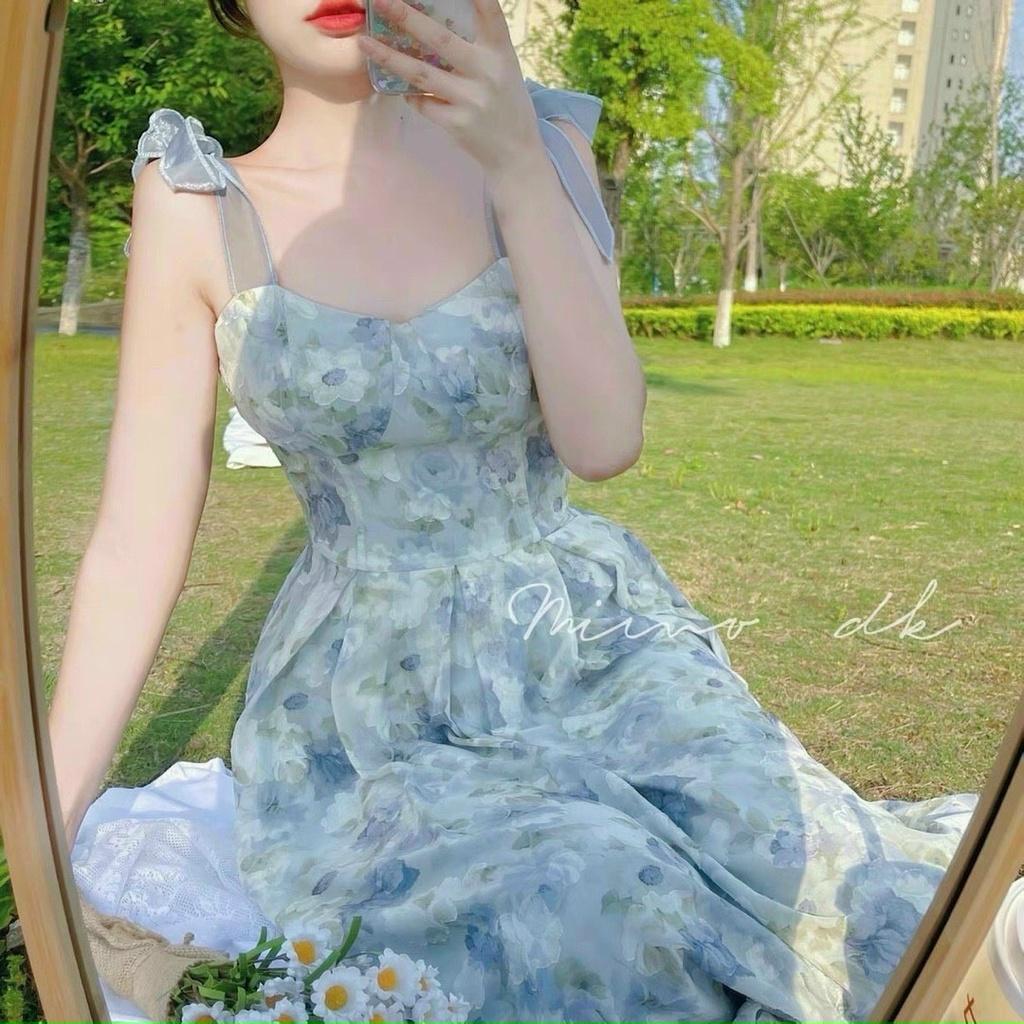 Đầm váy nữ 2 dây cột voan hoa màu xanh nhẹ nhàng, đằm thắm thích hợp cho các nàng đi chơi, đi biển
