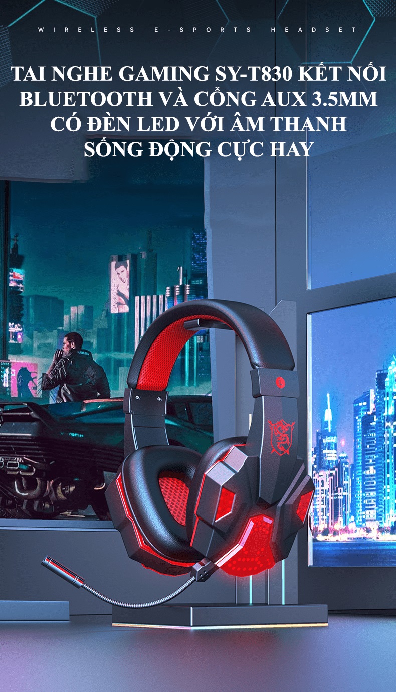 Tai nghe gaming SY-T830 kết nối bằng Bluetooth và cổng AUX 3.5mm có đèn led và âm thanh sống động phù hợp cho game thủ - JL