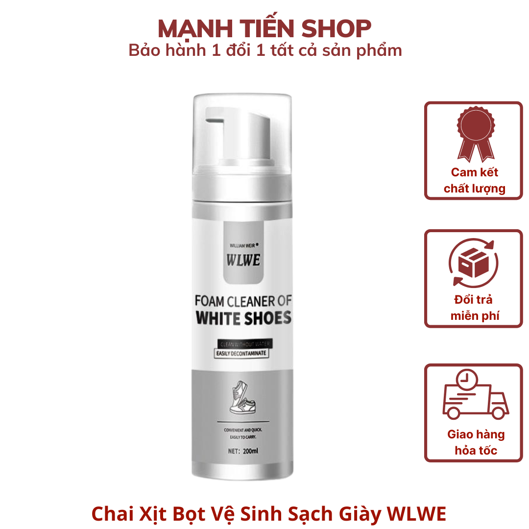 Combo Chai Xịt Bọt Vệ Sinh Sạch Giày WLWE Kèm khăn lau Không Cần Giặt, có thể vệ sinh giỏ, ghế da 200ml