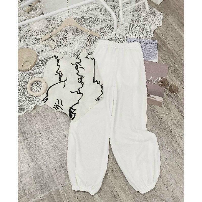 Set áo yếm lụa cột nơ sau kèm quần jogger chất lụa kèm cotton mịn-N