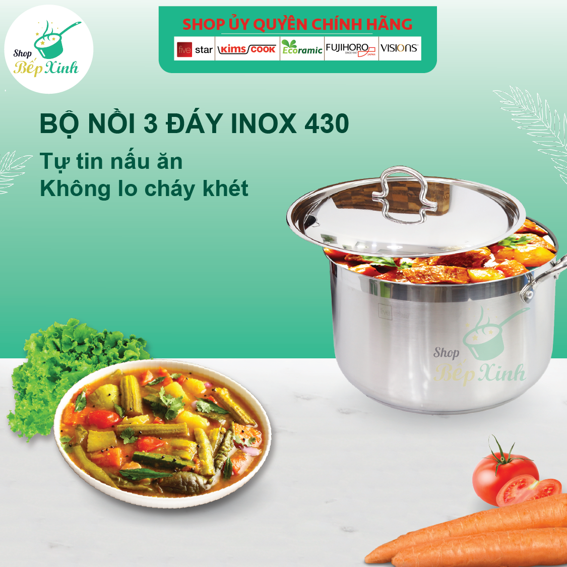 Bộ xửng hấp 3 đáy từ inox 430 Fivestar standard nắp inox 32cm