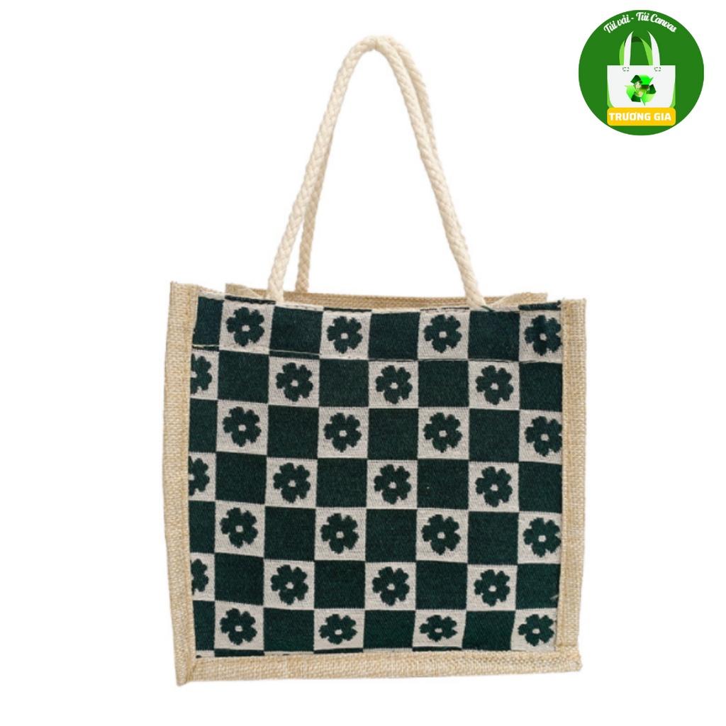 Túi Vải Cói, Vải Đay Vải Bố Túi xách nữ Khóa kéo Họa Tiết Caro Hoa thời trang Lucky Strar Trương Gia 12