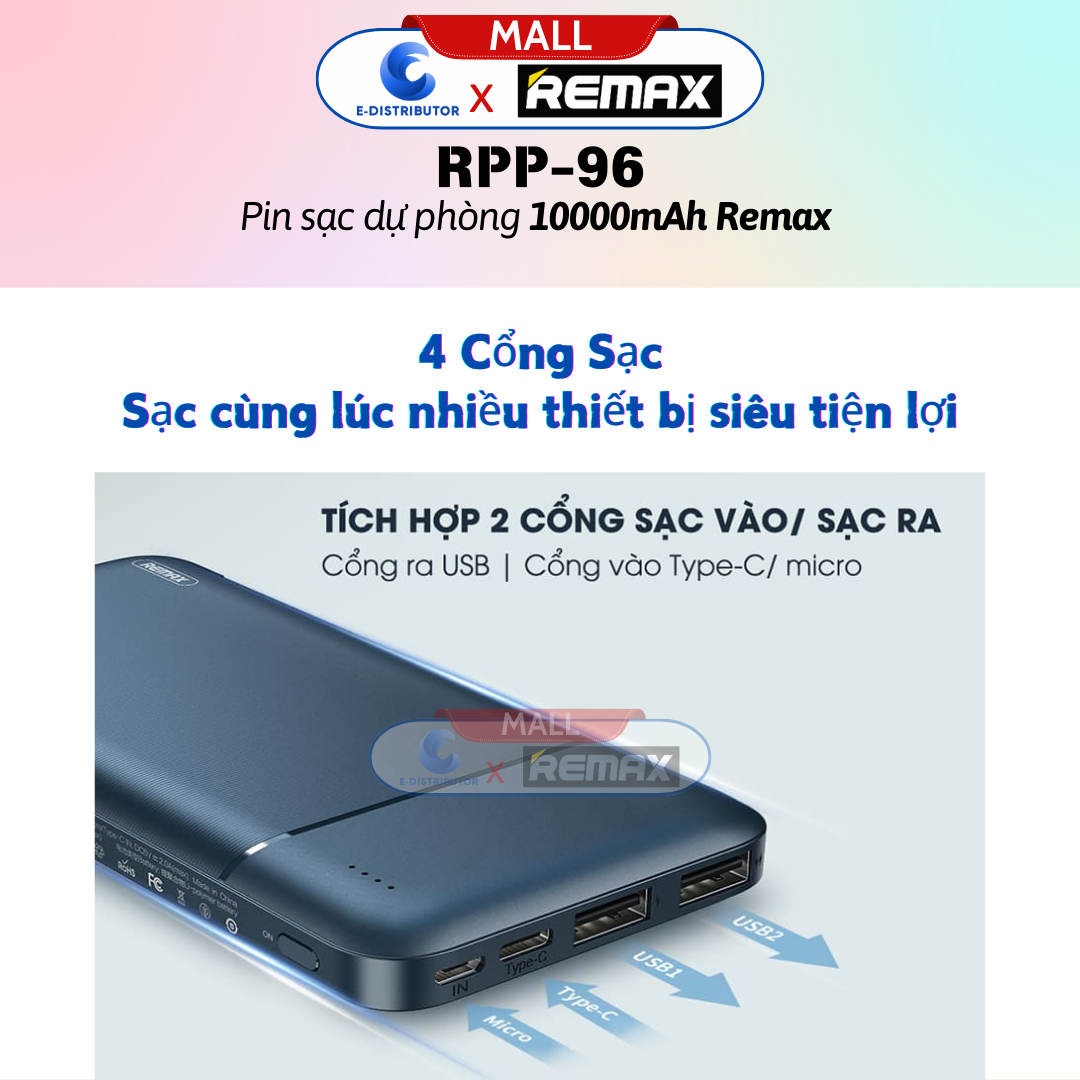 Pin sạc dự phòng 10000mah Remax RPP-96 - Hàng Chính Hãng - Bảo Hành 12 Tháng