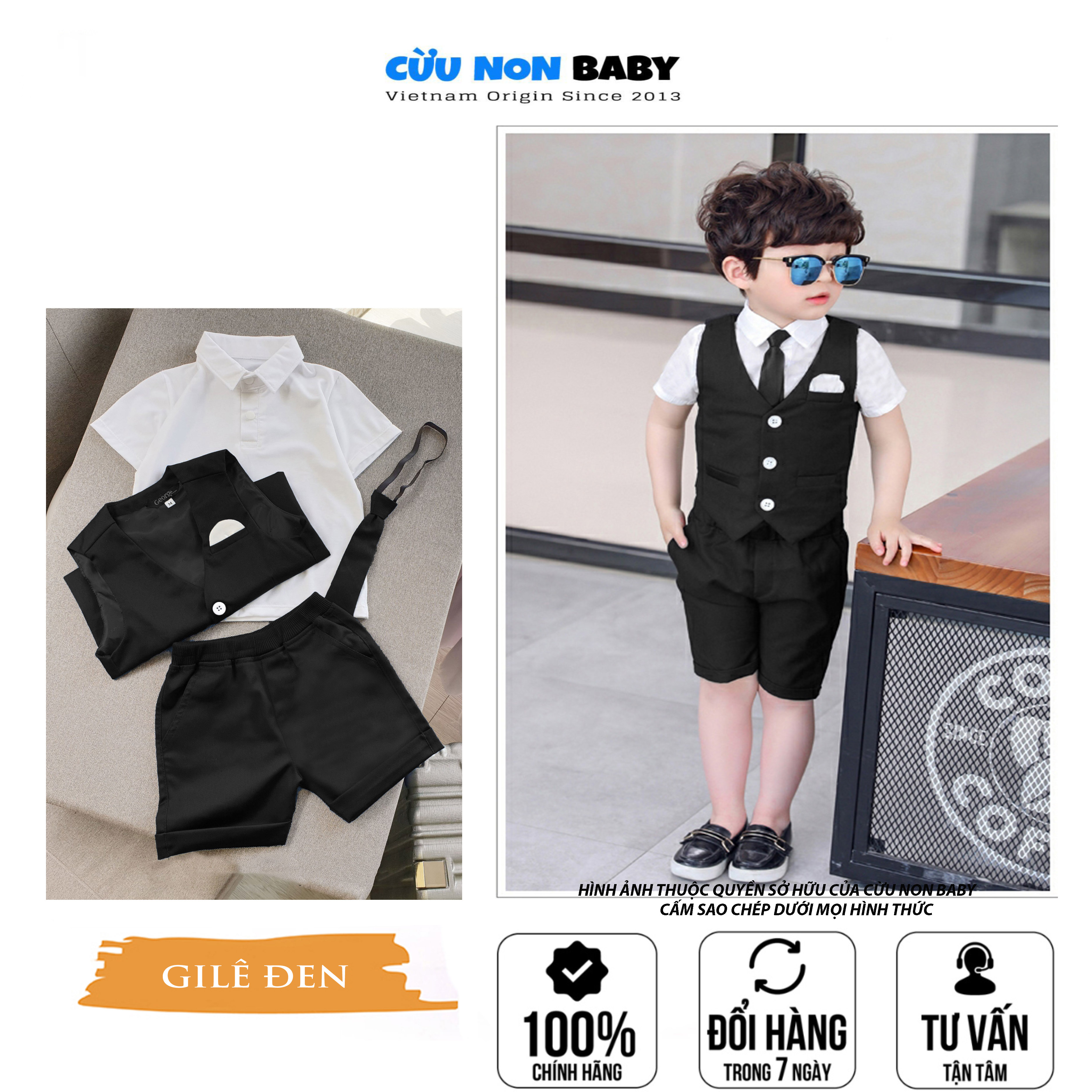 Bộ Vest Ghile Bé Trai Công Tử Bạc Liêu Sang Chảnh + Tặng kèm áo thun cổ sơmi  - Đen