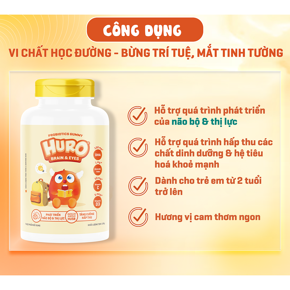 Kẹo dẻo Lợi khuẩn Huro Brain Eyes – Hỗ trợ phát triển não bộ và thị lực (Hộp 56 viên)