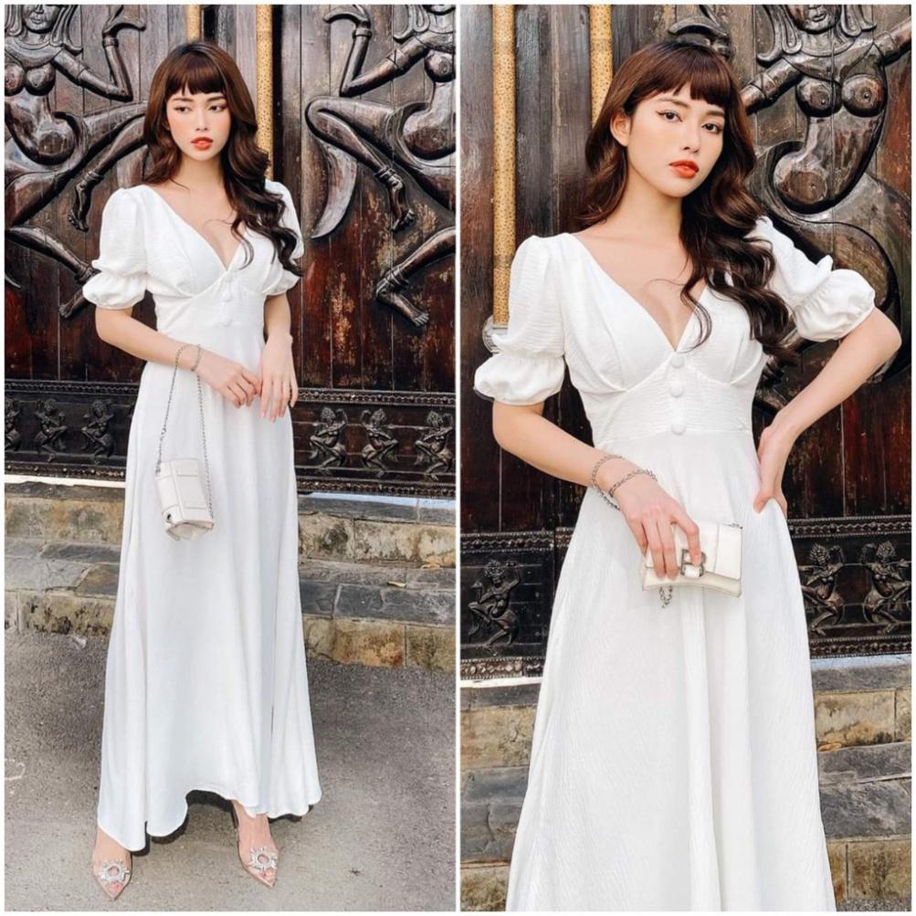 Đầm maxi trắng voan lụa mềm xòe dài cổ V tay phồng chiết eo tay ivy fashion đi biển dự tiệc dạo phố bigsize gợi cảm