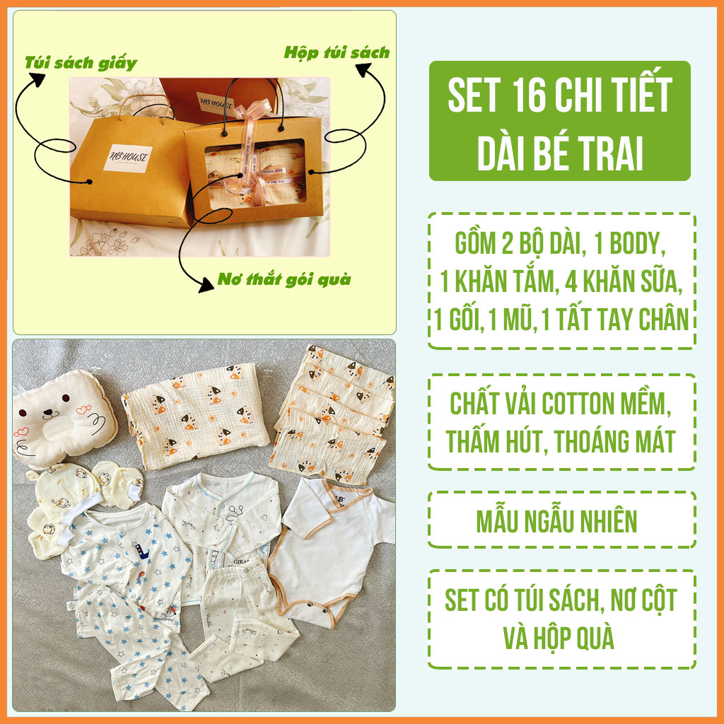 Set Quà Tặng Sơ Sinh Đầy Tháng 16 Chi Tiết Dài Tay Cho Bé Trai NB House Kids (Mẫu Ngẫu Nhiên)