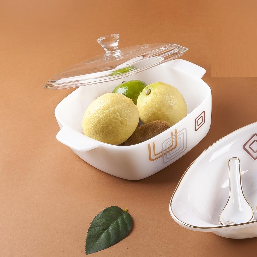Bộ bát đĩa 48 sản phẩm thủy tinh ngọc họa tiết hoa vuông USA Homeset