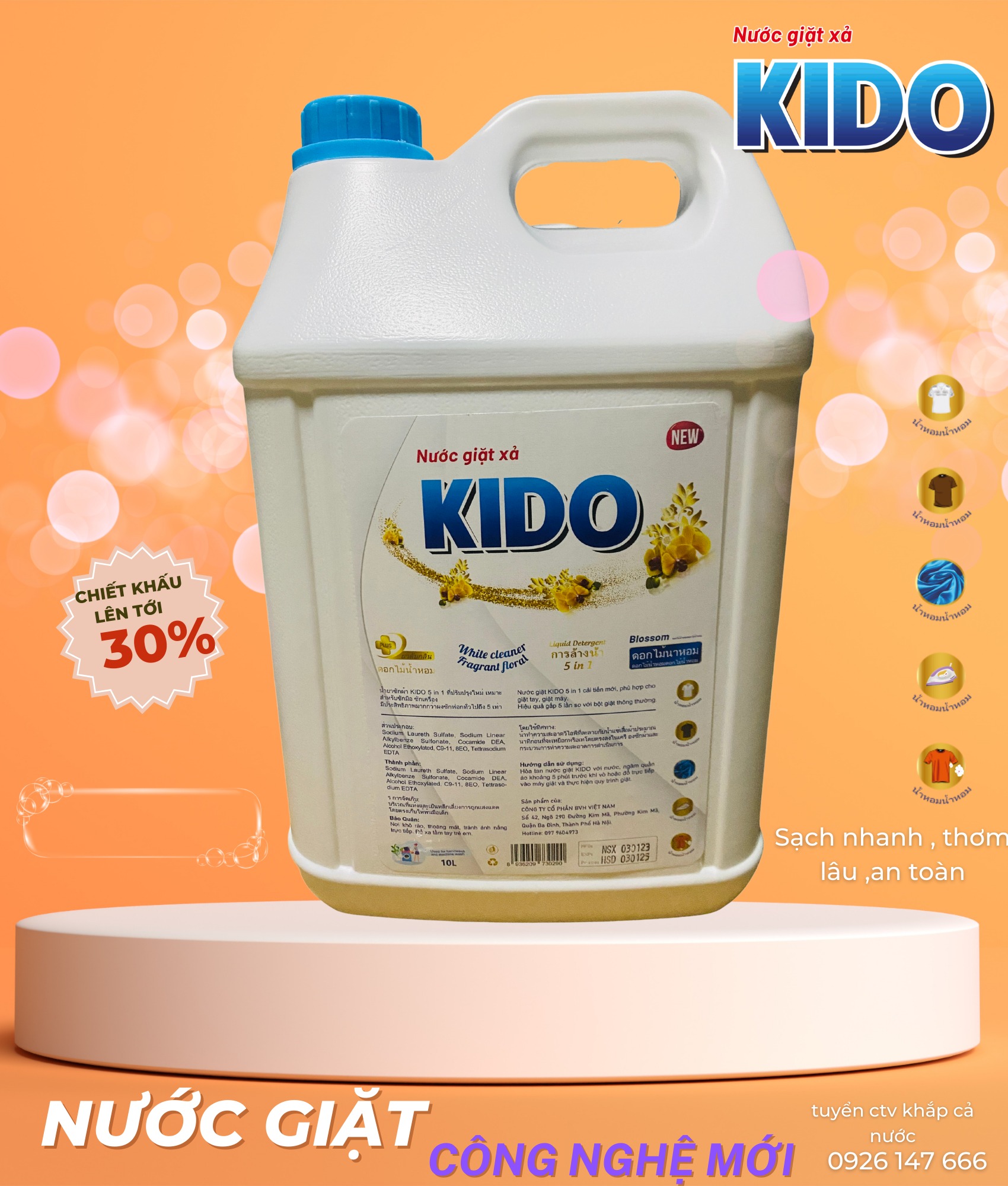 Nước Giặt Xả KIDO Hương Comfor Trắng 10 Lít Lưu Hương Thơm Bền Lâu,Giữ Trọn Mùi Hương Trên Quần Áo