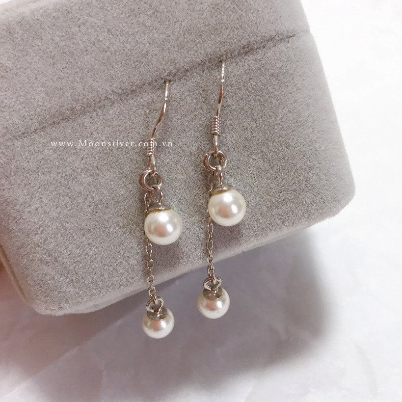 Khuyên tai dây ngọc trai kép