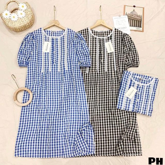 Váy kẻ caro phối zen dáng suông dài phong cách vintage. Váy suông banydoll siêu xinh