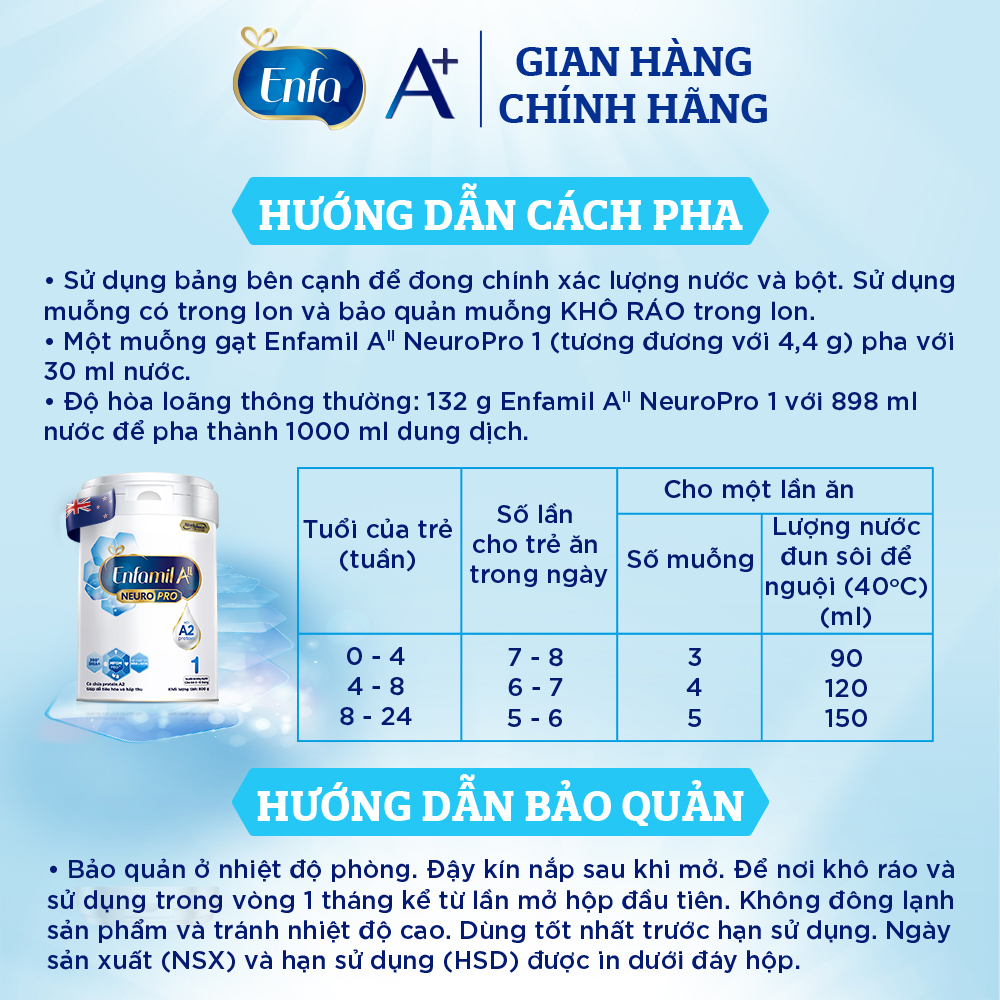 Sữa bột Enfamil A2 Neuropro 1 cho trẻ từ 0 - 6 tháng tuổi – 800g