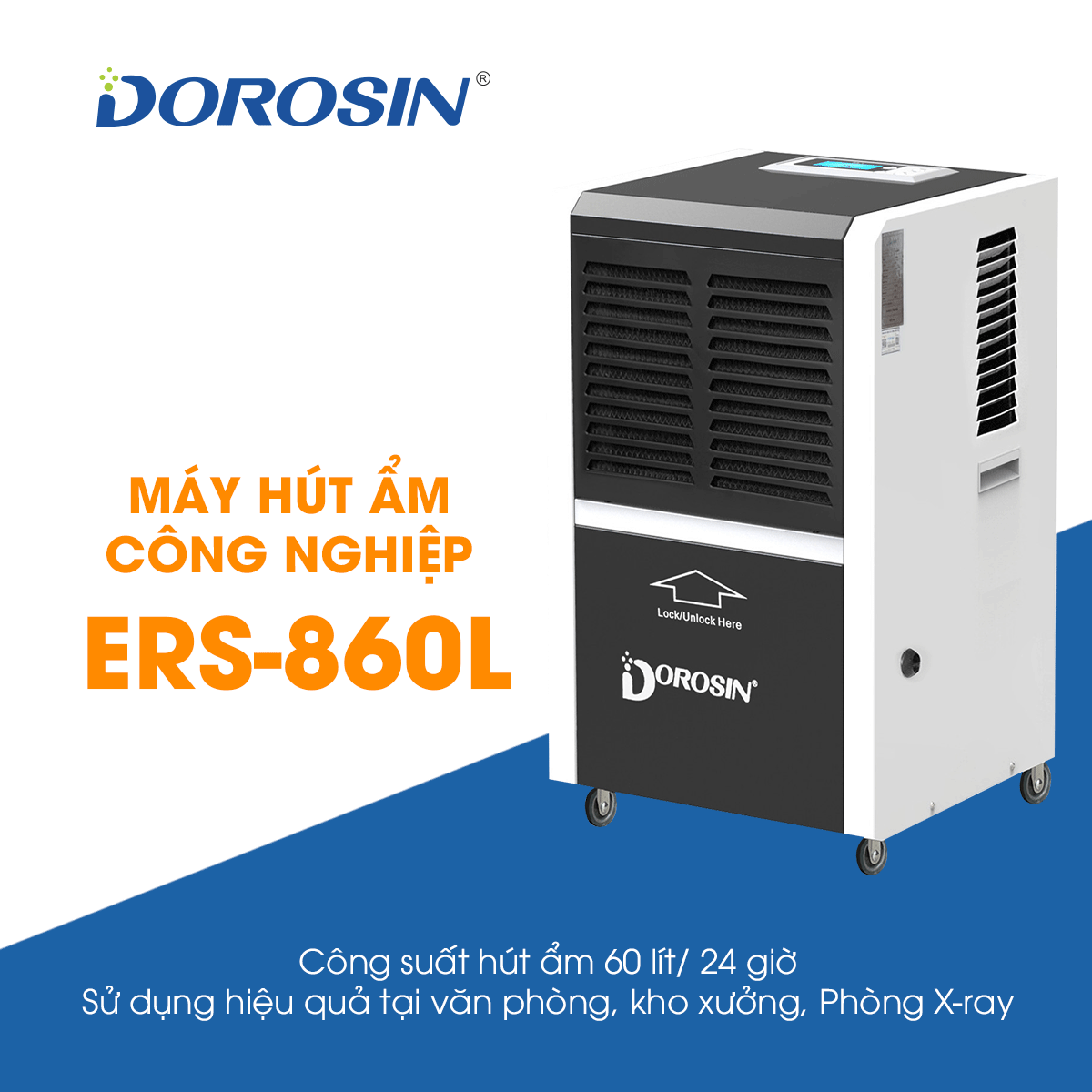 Máy hút ẩm công nghiệp Dorosin Airko - diện tích dùng 80-120m2 - công suất 60 lít/24 giờ - dùng cho nhà xưởng, phòng y tế - Hàng nhập khẩu chính hãng