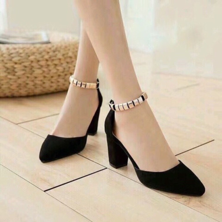 Giày cao gót 7 phân bít mũi TRÒN vòng cổ hạt vuông LT