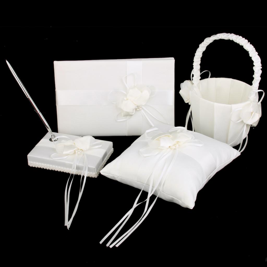 Wedding Pen Set Pen Stand With Satin Flower Faux Pearl Decoration