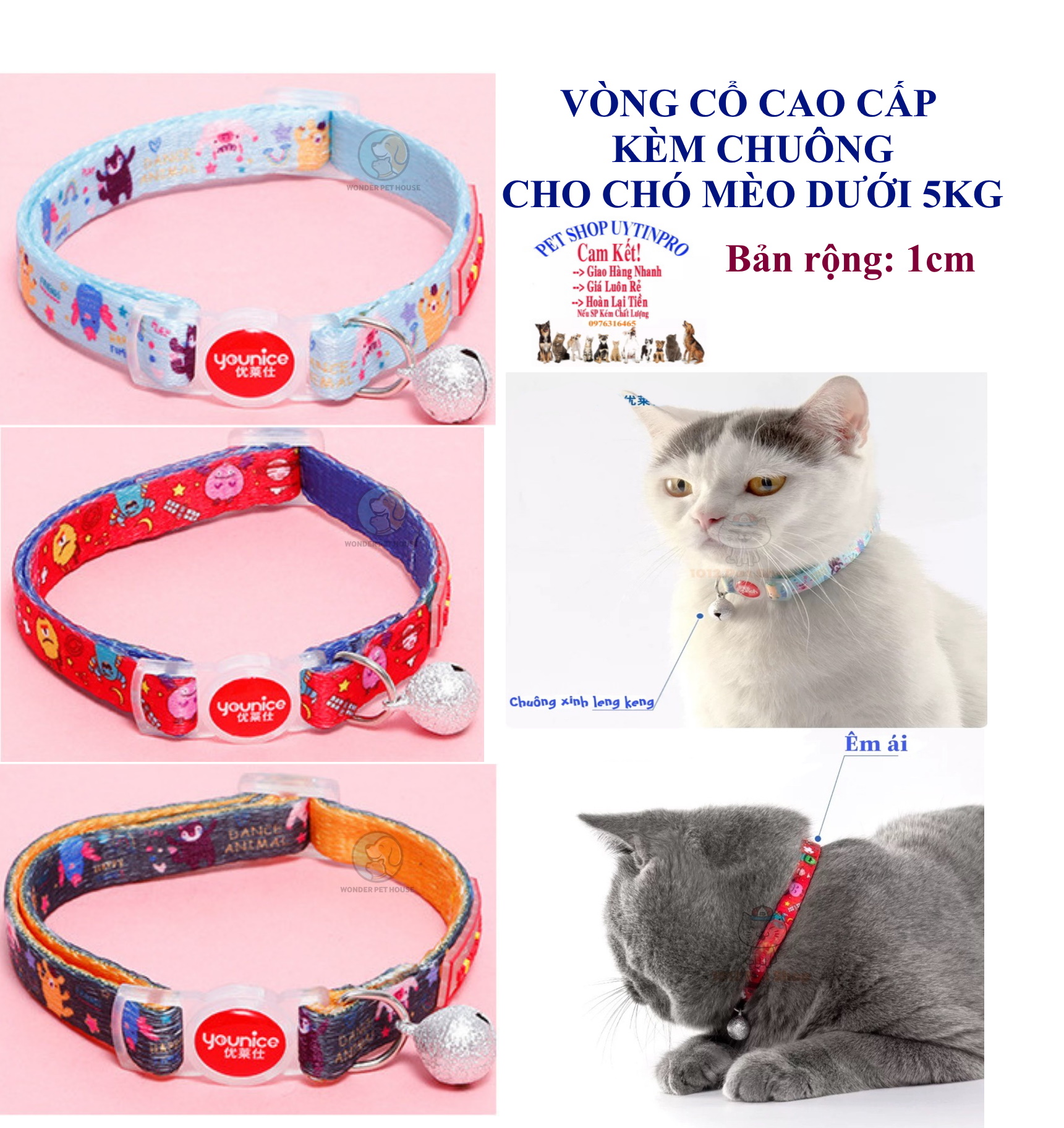 Vòng cổ cao cấp kèm chuông cho Chó Mèo dưới 5kg Gắn Younice Chất liệu dù cao cấp, bền đẹp,êm ái, dễ chịu khi đeo