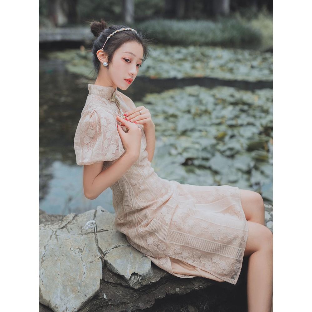 Sườn xám cách tân dáng dài xẻ tà Vintage tay ngắn phồng quý phái sang trọng dự tiệc hàng chuẩn Quảng ẢNH THẬT CUỐI châu