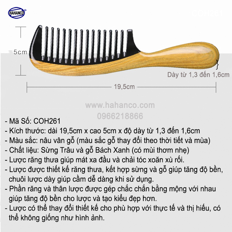 Lược răng thưa gỗ Bách Xanh ghép với sừng tiện dụng (Size: XL-19,5cm) COH261 - mùi thơm dễ chịu, chuyên mát xa đầu, chải tóc xoăn, xù, rối