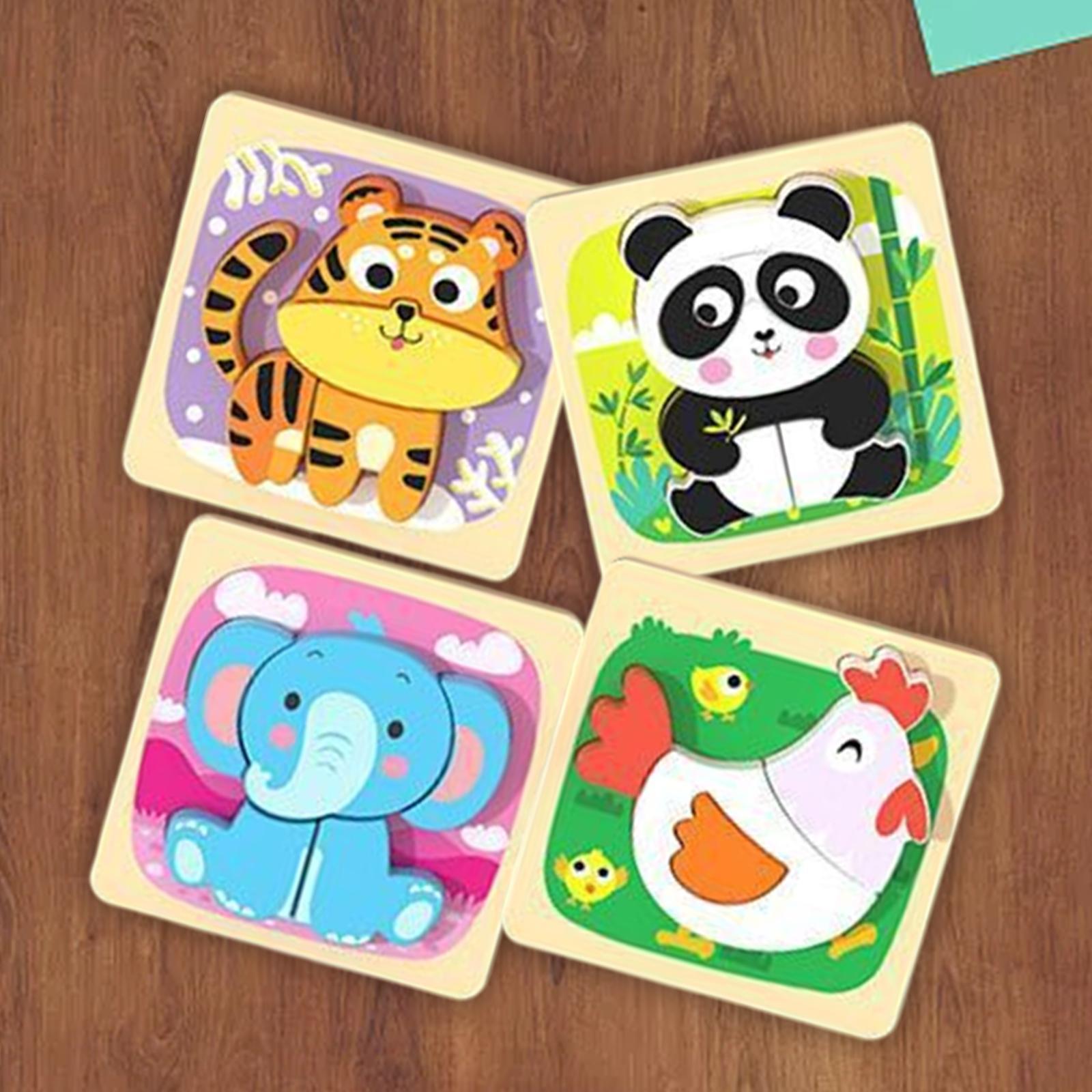 4Pcs Wooden Animal Puzzles with animals Patterns for 2 3+ Year Old Baby