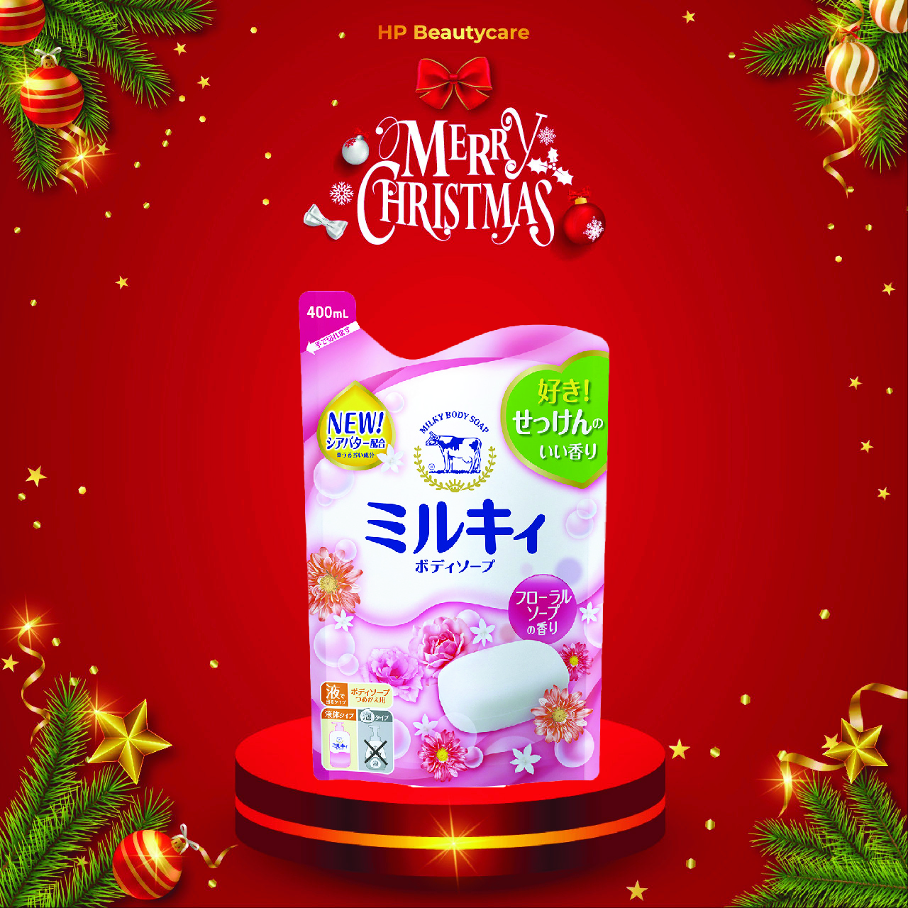 Sữa Tắm Dưỡng Trắng Mịn Da Hương Hoa Hồng Cow Milky Body Soap Flower Chiết Xuất Sữa Bò Tươi Refil 400mL