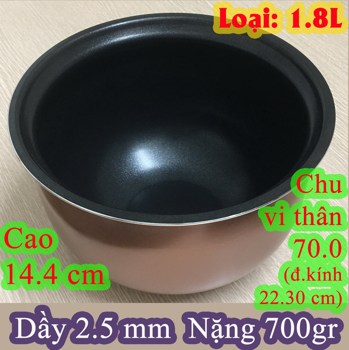 Lòng nồi cơm điện Hàng chính hãng-Hàng nhập khẩu (ruột nồi cơm điện) 1.8 L – Đáy Cong Oval (nồi cơm niêu-mâm cong) chống dính đen, bên ngoài mạ đồng diệt khuẩn nặng 700 gr