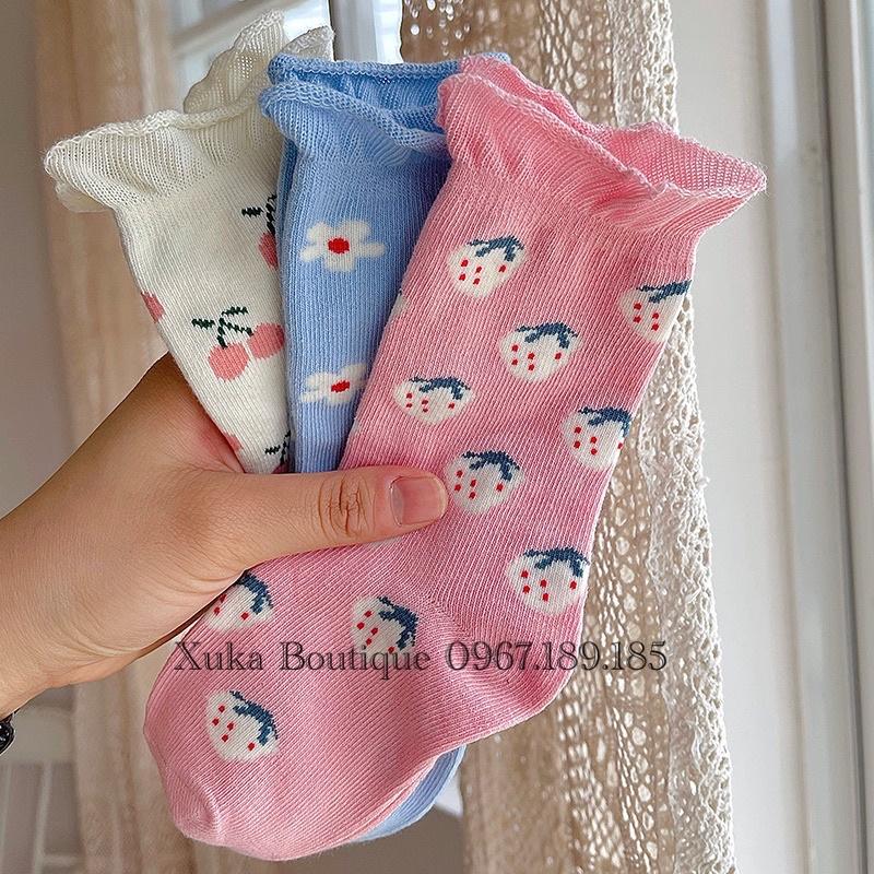 Set 3 Đôi Tất Cao Cổ AiDuMini Cao Cấp Cho Bé Từ 1 - 12 tuổi. Tất Vớ Trẻ Em Hoa Quả Cực Xinh Bé Gái