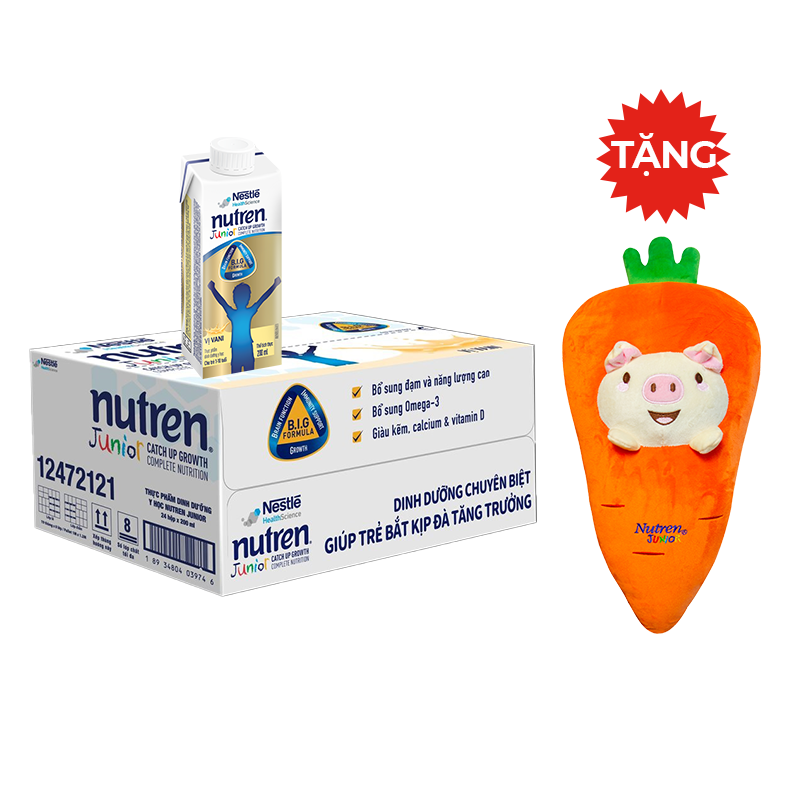 Thùng 24 hộp Sữa dinh dưỡng pha sẵn Nutren Junior 200ml – Tặng gối ôm cà rốt