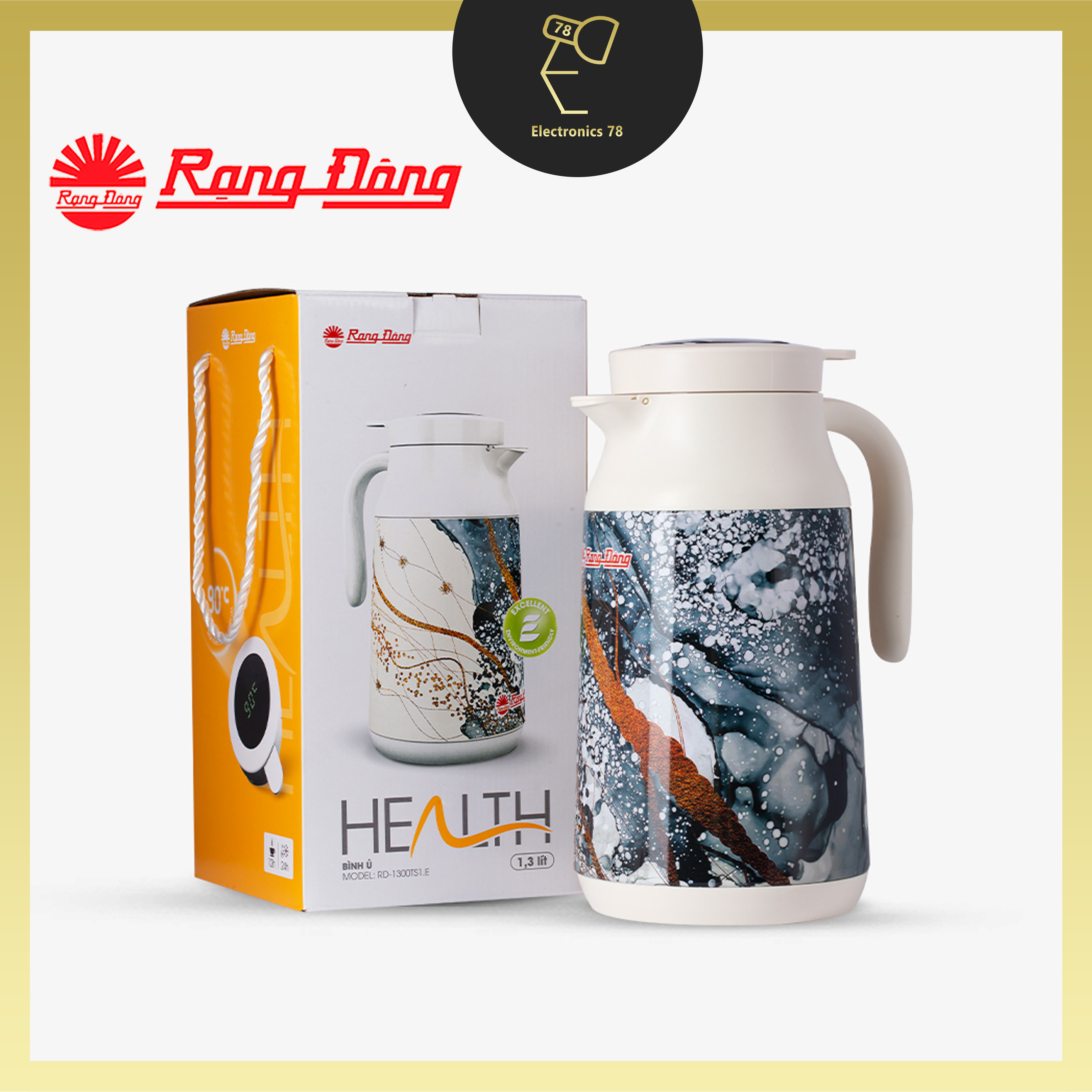Phích trà giữ nhiệt, Hiển thị nhiệt độ 1.3 Lít Rạng Đông, Bình pha trà và thảo dược - 1300 TS1.E