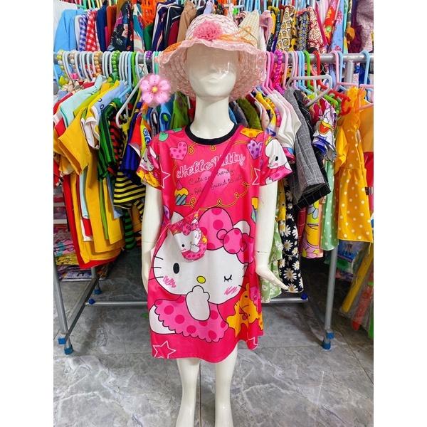Đầm Bé Gái Mèo Tặng Túi, Size 20,5-27Kg, 5-8 Tuổi In 3D Váy Thun Lạnh Dễ Thương