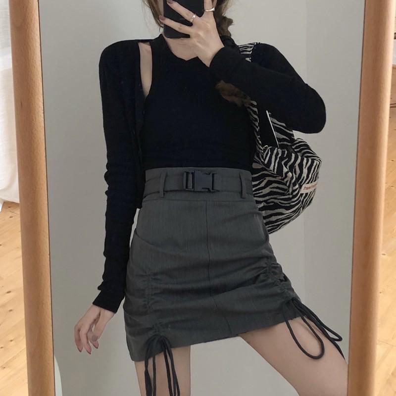 Chân váy chữ A dây rút gấu cá tính kèm belt
