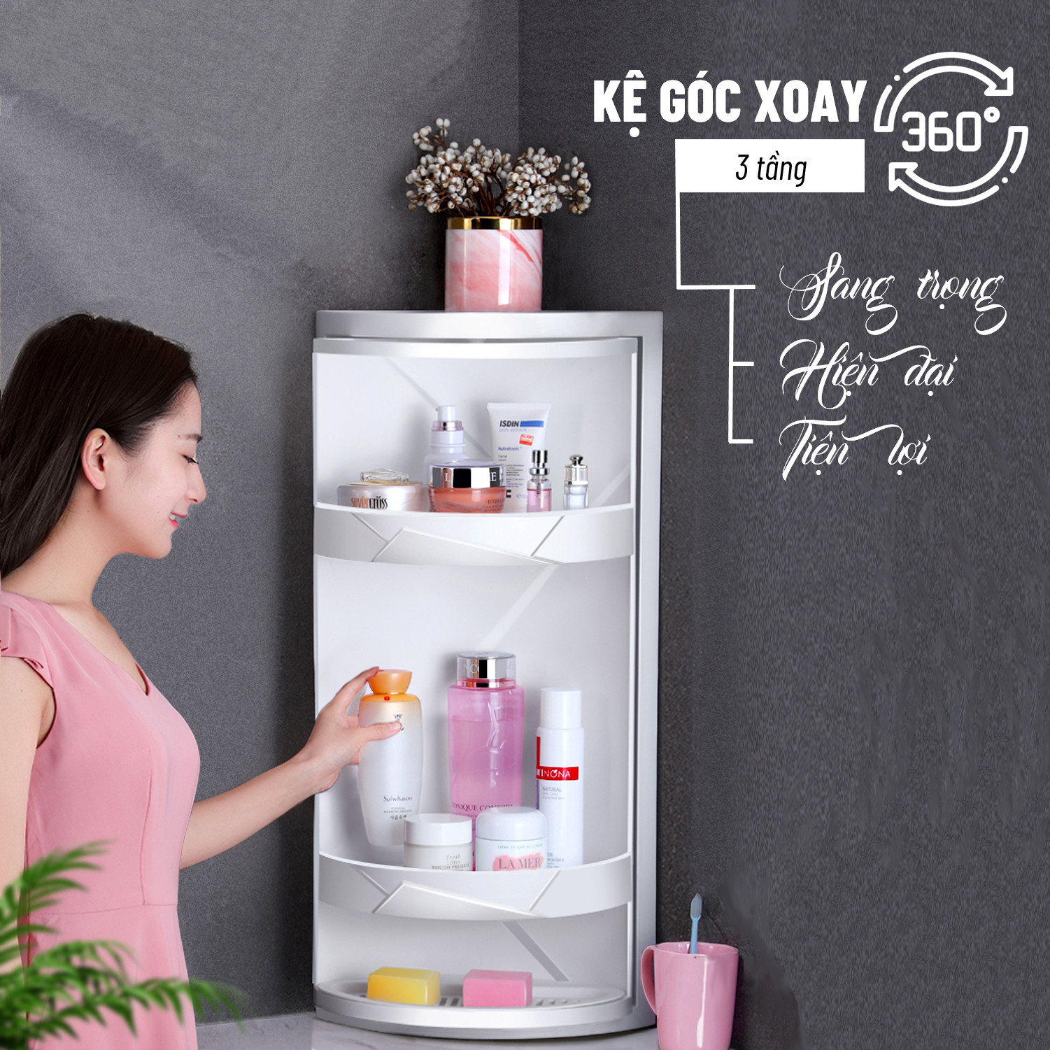 Kệ góc nhà tắm kệ góc 3  tầng chống nước tuyệt đối , Kệ xoay góc tường nhà tắm, Nhựa PVC thân thiện với môi trường