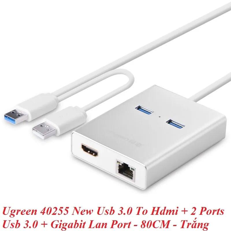 Ugreen UG4025540255TK 80CM Màu Trắng New Usb 3.0 To Hdmi + 2 Ports Usb 3.0 + Gigabit Lan Port - HÀNG CHÍNH HÃNG