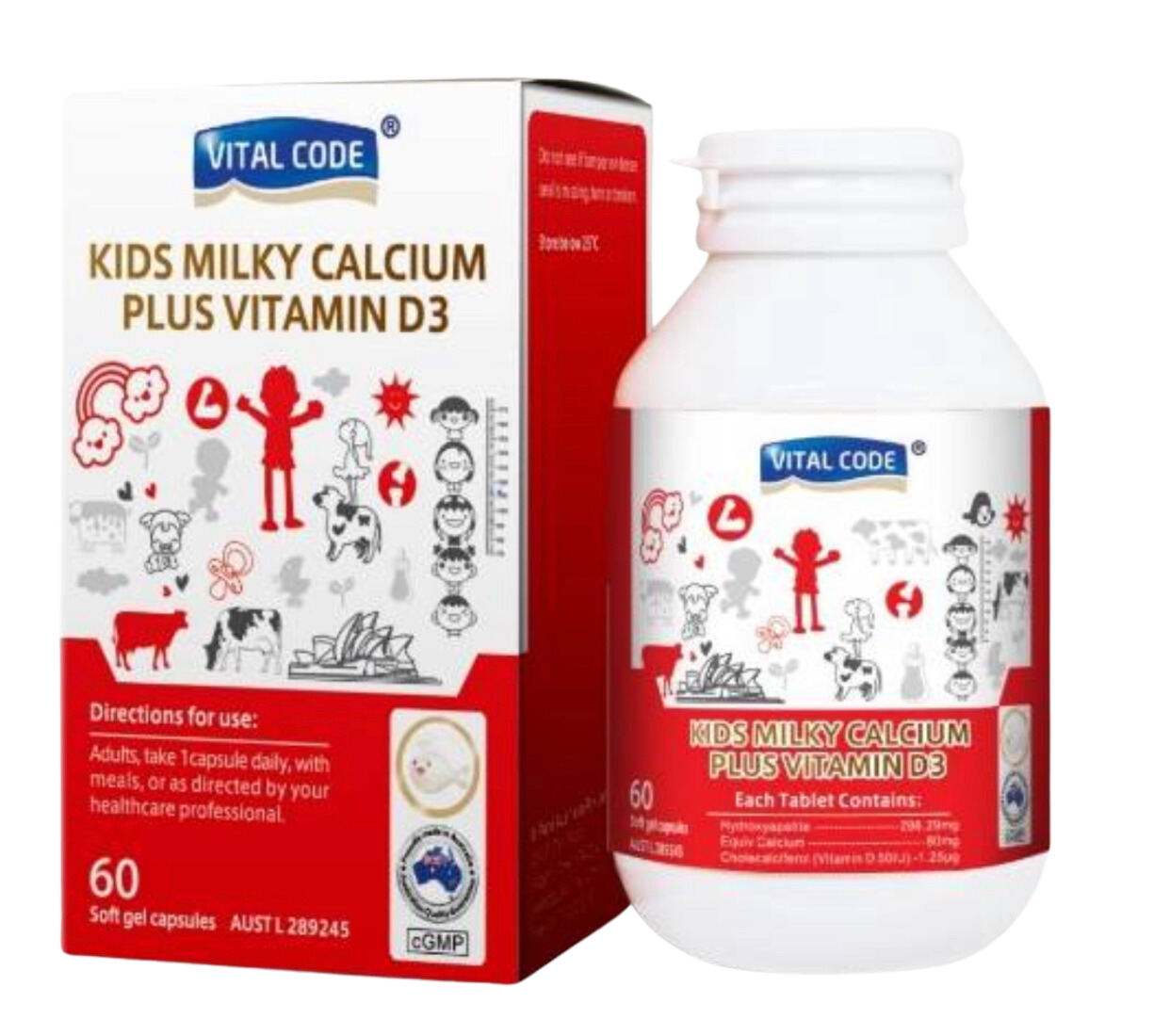 Viên uống canxi và vitamin VITAL CODE KIDS MILKY CALCIUM PLUS VITAMIN D3 - Nhâp Khẩu Úc - Hộp 60 viên