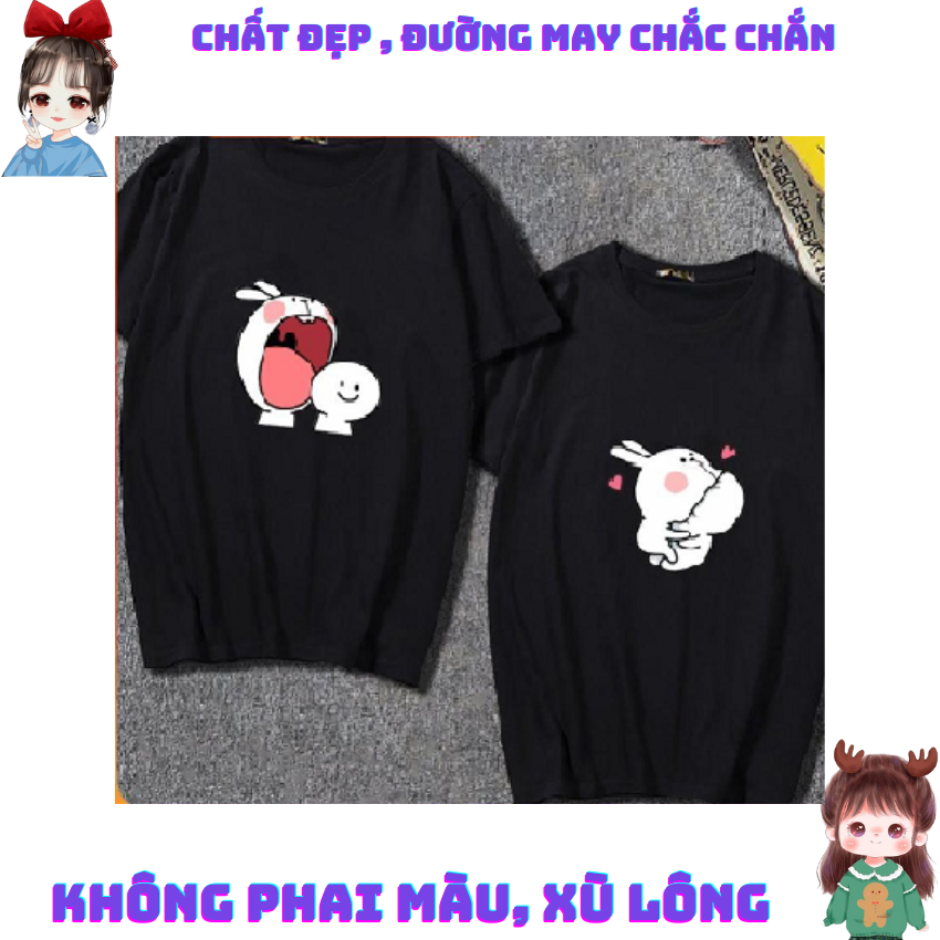 Áo Đôi Nam Nữ TT05, Áo Đôi Phông Rộng In Thỏ Gặm ý Nghĩa, Vải Cotton Thun Thoáng Mát