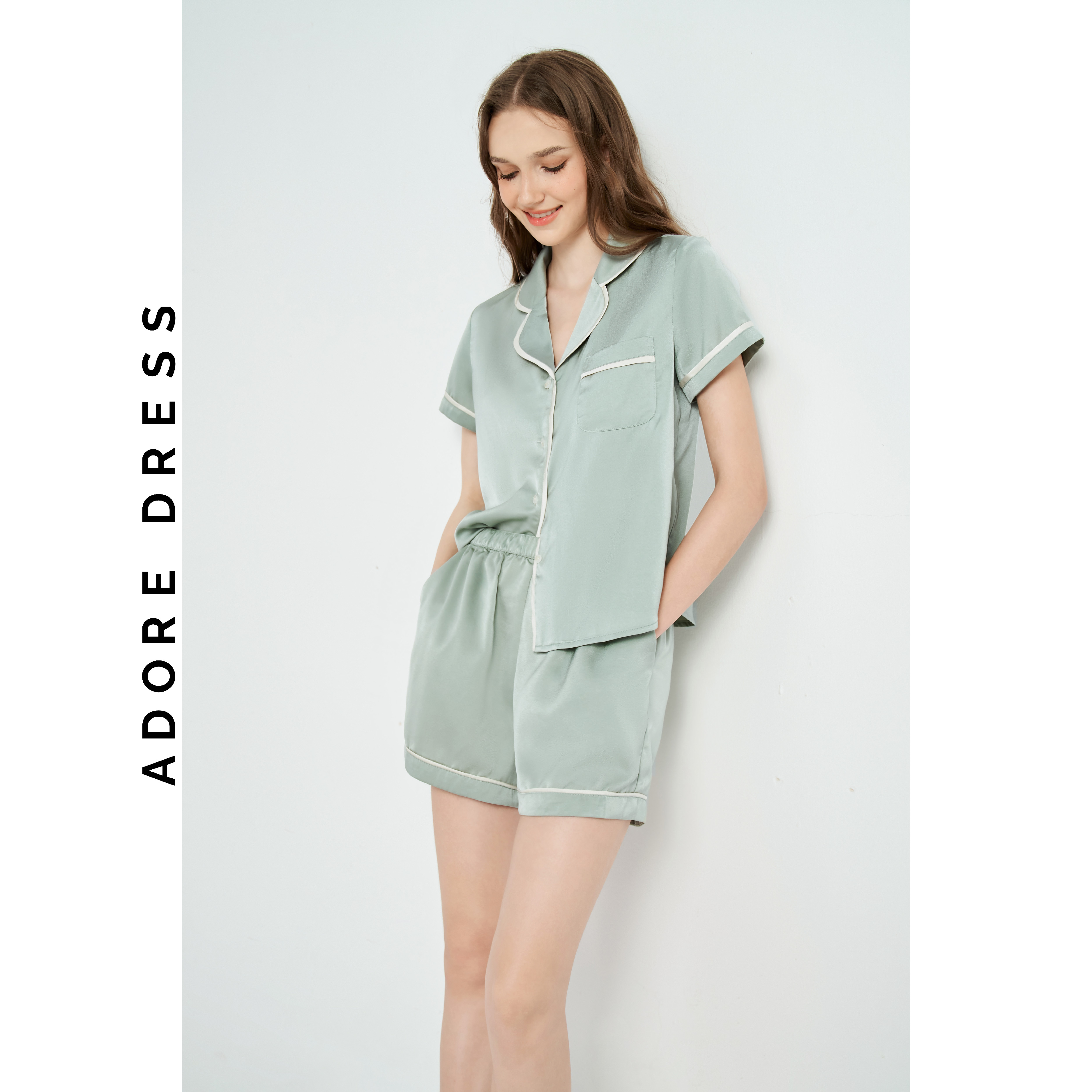Pijamas tay cộc quần short lụa trơn olive green